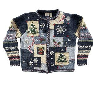 Vintage RedHead Cardigan Sweater Womens Medium Blue Christmas Tree Sequin Ugly